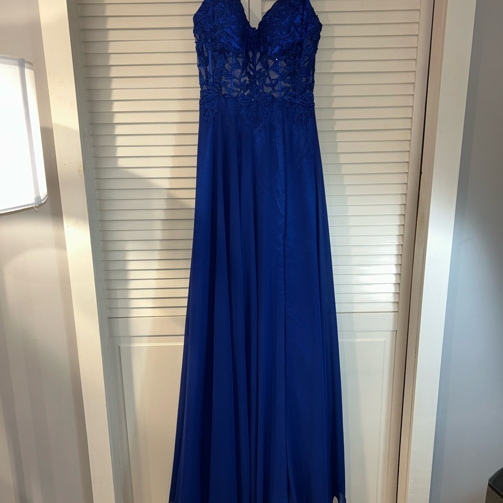 Dave & Johnny Royal Blue Lace + Floral Embroidered Prom Dress